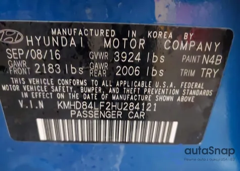 2017 Hyundai Elantra Limited z USA, uszkodzony, nr VIN KMHD84LF2HU284121